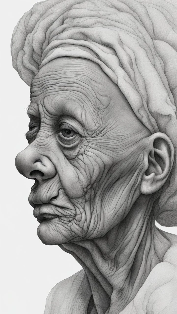 𝙋𝙧𝙤𝙢𝙥𝙩 highly detailed graphite illustration, A surreal old woman figure with exaggerated anatomical features, heavily wrinkled skin, and an intense, contemplative expression. bald head, thick eyebrows, long beard merge into swirling abstract shapes. Large, expressive hands, one covering the mouth and the other gripping the forehead tensely. Mysterious, introspective, dreamlike, somewhat dark fantasy. #𝙙𝙧𝙚art #prompt