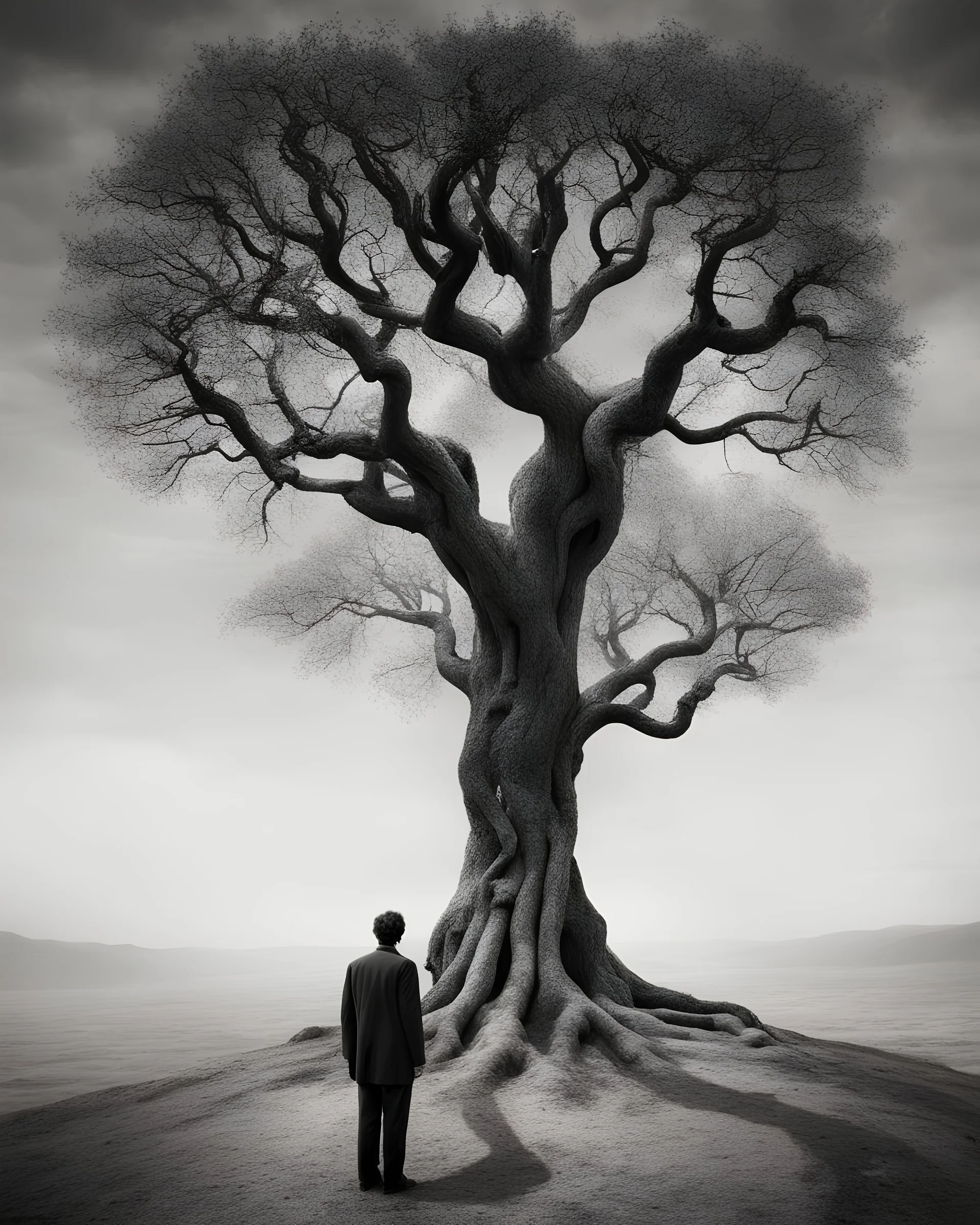 Concept photo, artistic photo, illusion, surrealism, black and white, man in search of meaning, tree