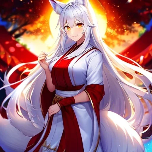 Clear focus, 8k, beautiful lighting, vibrant colors, fox girl, white hair, long hair, golden eyes, miko, tail, smile,