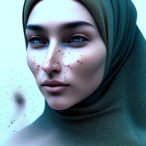 close up portrait of massive, blowing duststorm as woman in hijab, part of face and hijab made of blowing dust, dust particles, duststorm, morph, artwork manipulation, ray tracing, sharp focus, fine detail, highly intricate, modern surrealism painting, defined cracks and breaks, high-quality, volumetric lighting, 8k, ultrahd, George Grie, Marco Escobedo, Igor Morski,Brian Froud, Howard Lyon, Selina French,