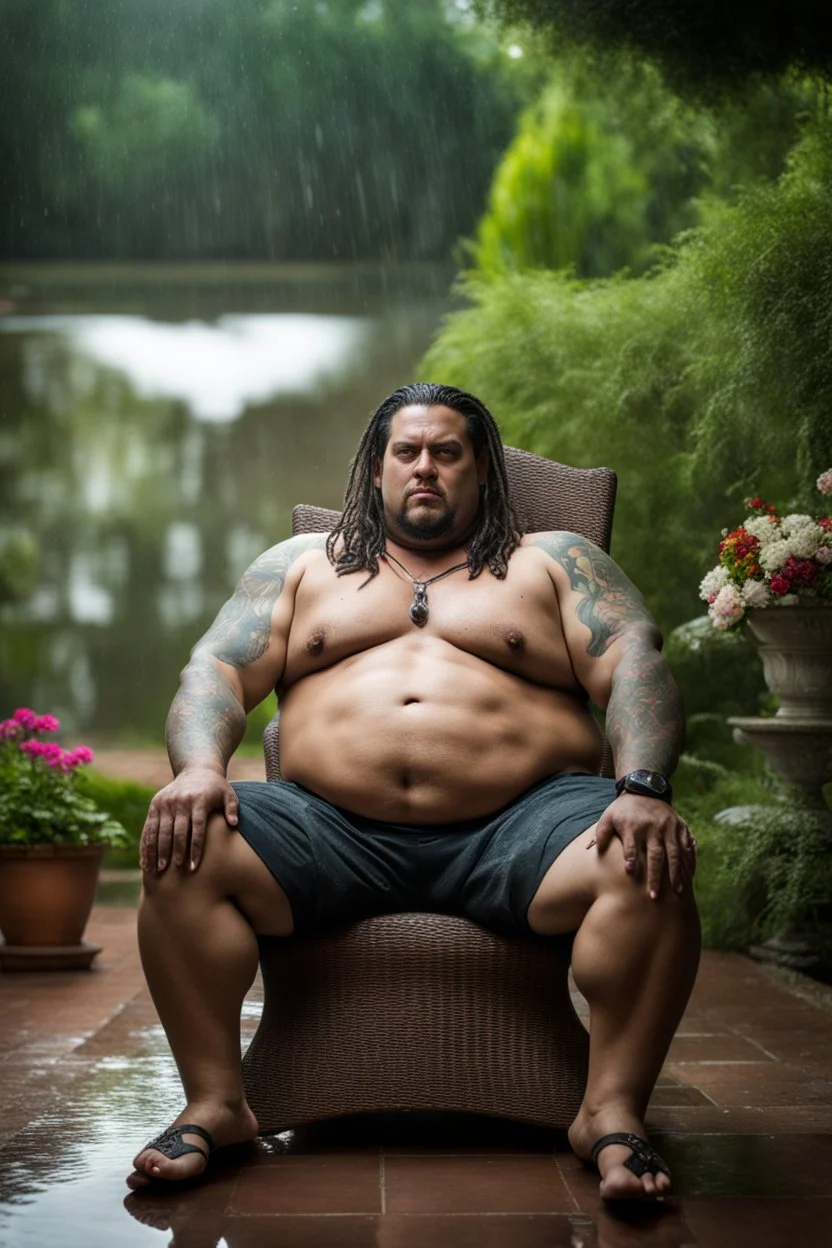 half figure shot photography of a corpulent heavyset gipsy shirtless man, 35 years old in bulging shorts, tattoo, manly chest, short dreadlocks , sweat, wet, relaxing on a chair, in a private elegant garden of a villa, raining nighttime, big shoulders, big tights, ambient occlusion, photorealistic, frontal view from the ground, dim light from little bulbs