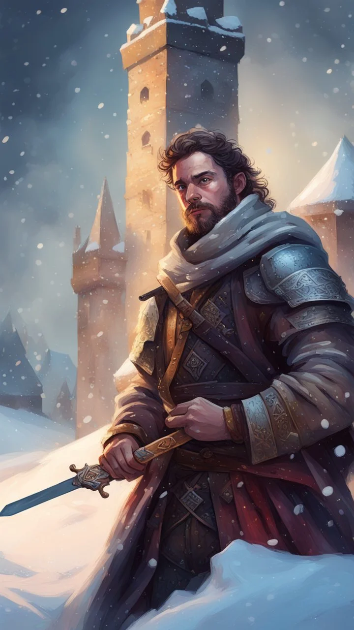 portrait of bard man with sword and lute in the snow on holding a tower fortification, magazine cover illustration with oil paint and spray paint, signed, bokeh like, down-light, unreal engine, prize winning