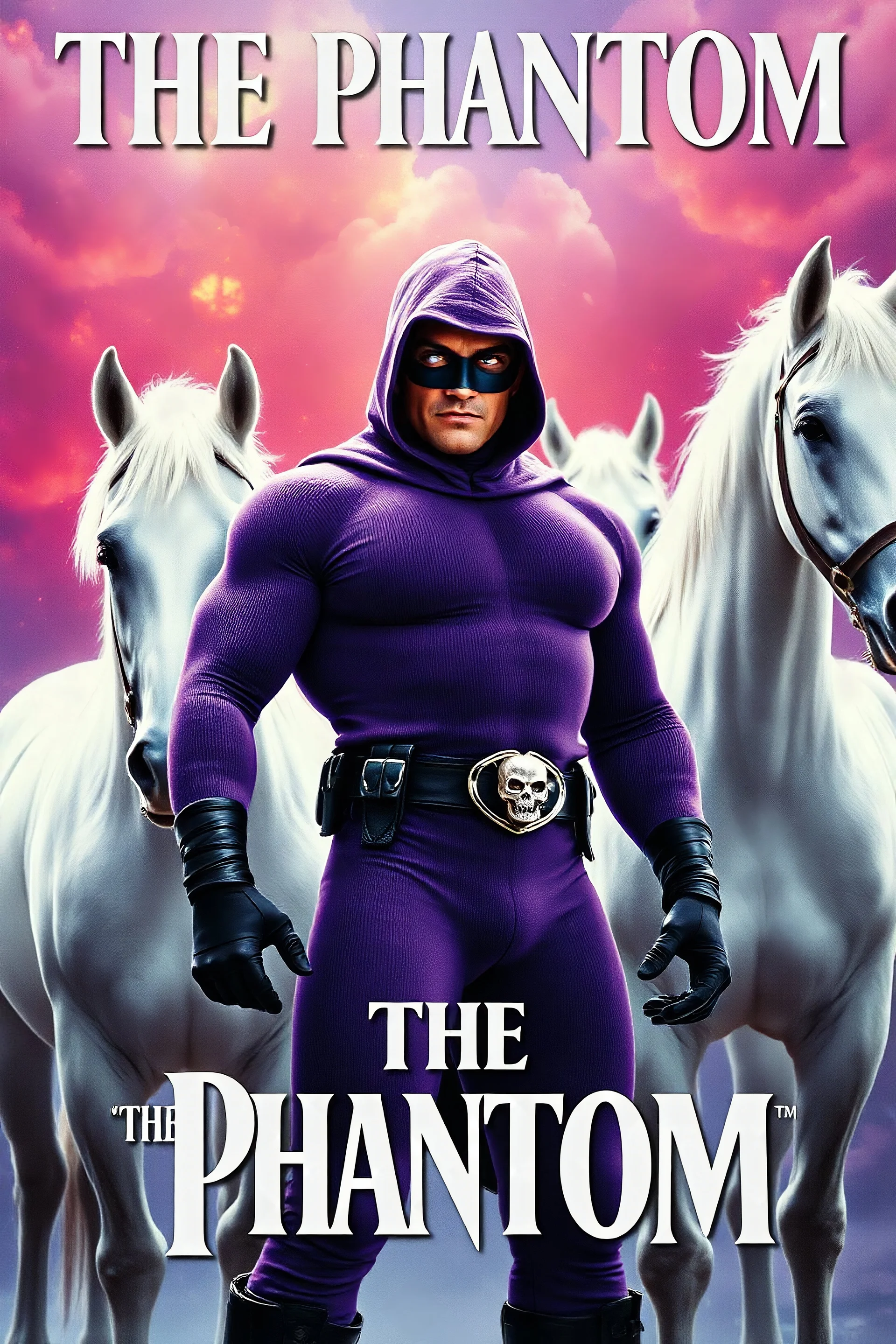 Movie Poster - ((("THE PHANTOM"))), extremely thick, muscular, 6'6'' 18-year-old Billy Zane with extremely exaggerated muscles as the Phantom, long-sleeved, textured, padded purple cotton bodysuit with skintight, formfitting textured purple cotton cowl with ((black eye mask)) and widow peak, black gloves and wrist gauntlets, black boots, double holstered utility belt, skull-shaped belt buckle, glowing, white eyes, standing next to his white horses, captured in a breath-taking explosion of color,