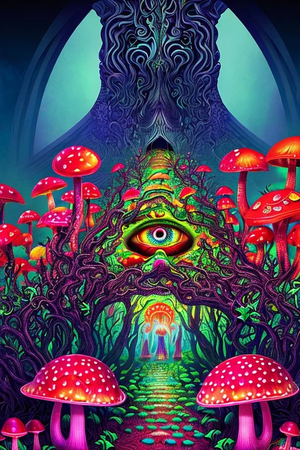 Illustration, Psychedelic art, human eye in a forest full of colourful mushrooms, vivid colours, intricate details, maze, gears, in the style of H.R.Giger, , ultra detailed, photorealistic, top light, 35mm lens, fish-eye