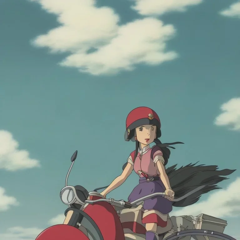 a girl riding a motorcycle with a big sword on her back