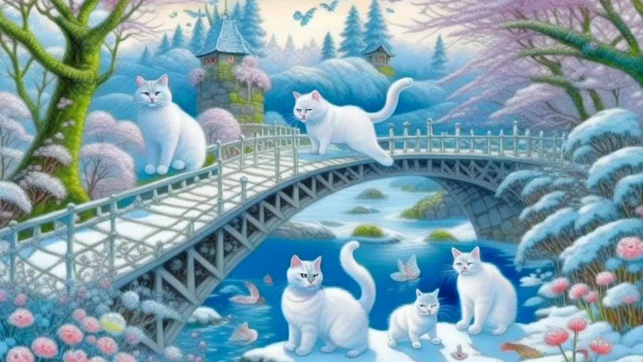 in the center: beautiful chunky white cats playing on a bridge with grey mice, under the brigde flows a small blue river; background: landscape, first plan: pink flowers: white clouds in shape of cats, season: winter and snowfall