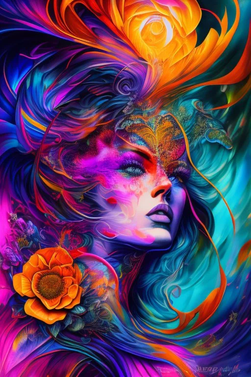 Generate a captivating digital artwork where a vivid explosion of images on a canvas bursts forth, weaving together elements of a woman, demons, tattoos, flowers, and stormy hues. Capture the essence of dynamic creativity in this abstract masterpiece."