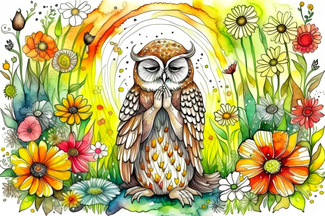 thankful praying owl girl in flowergarden in sunshine, watercolor and ink