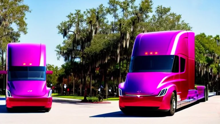 A Tesla semi-truck is racing at top speed, across the 'Islands of Adventure, Universal', in Orlando, Florida. CINEMATIC. WIDE ANGLE LENS.