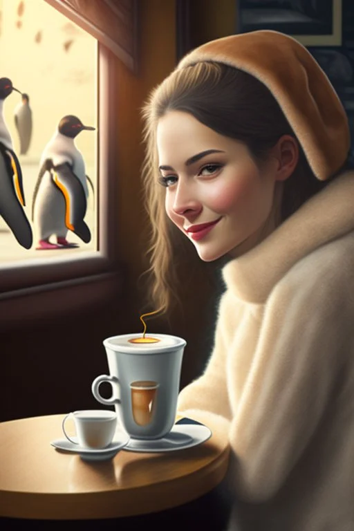 young woman talk to a penguin in coffee-shop