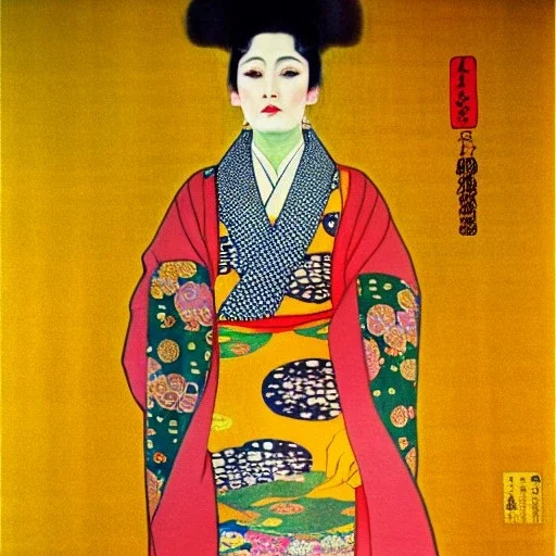 Retrato de cuerpo entero una Gheisha vestida con kimono muy guapa y voluptuosa con el estilo de Gustav Klimt