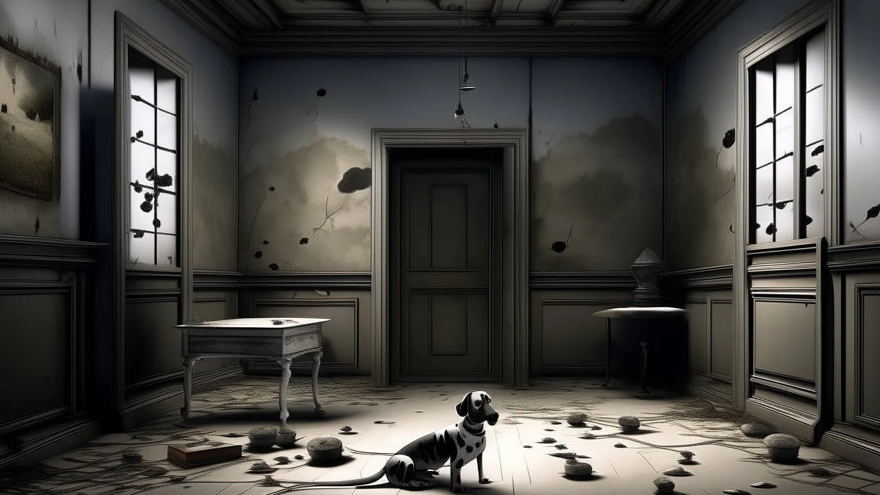 Vanitas, An empty room with a dog and holes in the walls