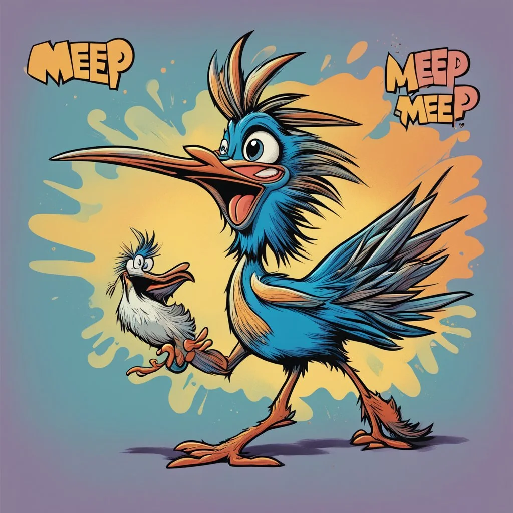 Looney Toons Roadrunner, expression of a scream, thought bubble text "MEEP MEEP", colorful detailed cartoon, Complex contrast