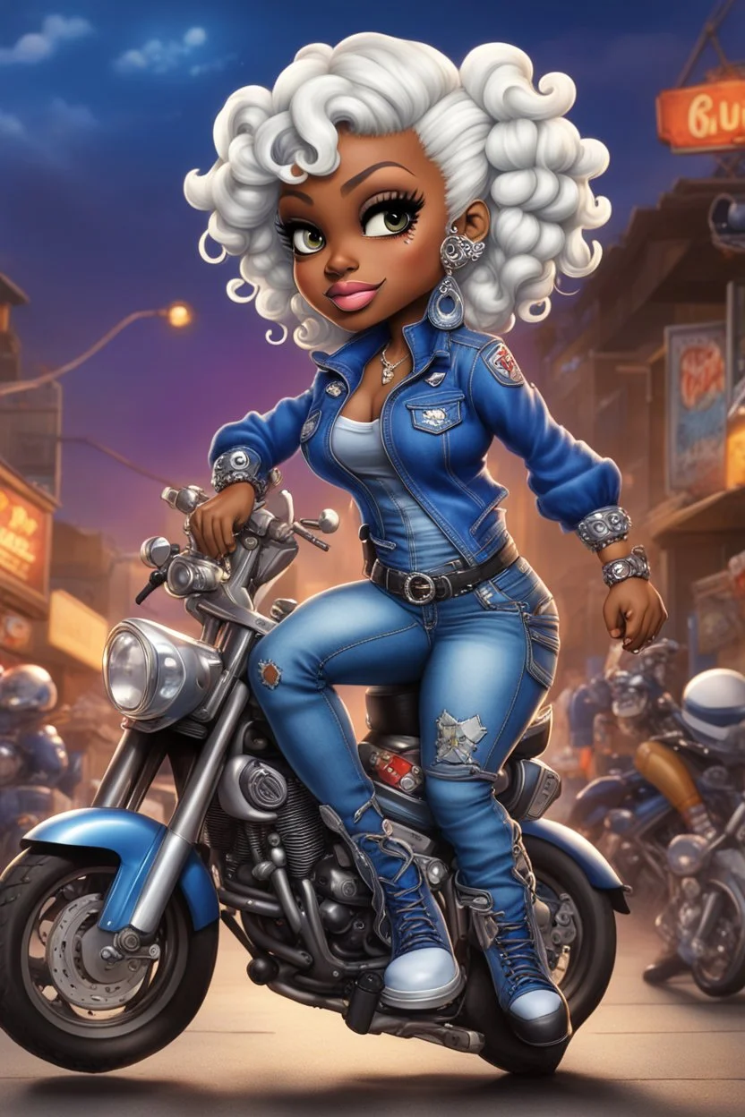 airbrush illustration of the chibi cartoon character, a voluptuous black female in a blue jean outfit with biker boots. Her prominent makeup and hazel eyes, along with her detailed platinum blonde bantu knots, are featured in this image, set against the background of a lively bike show.