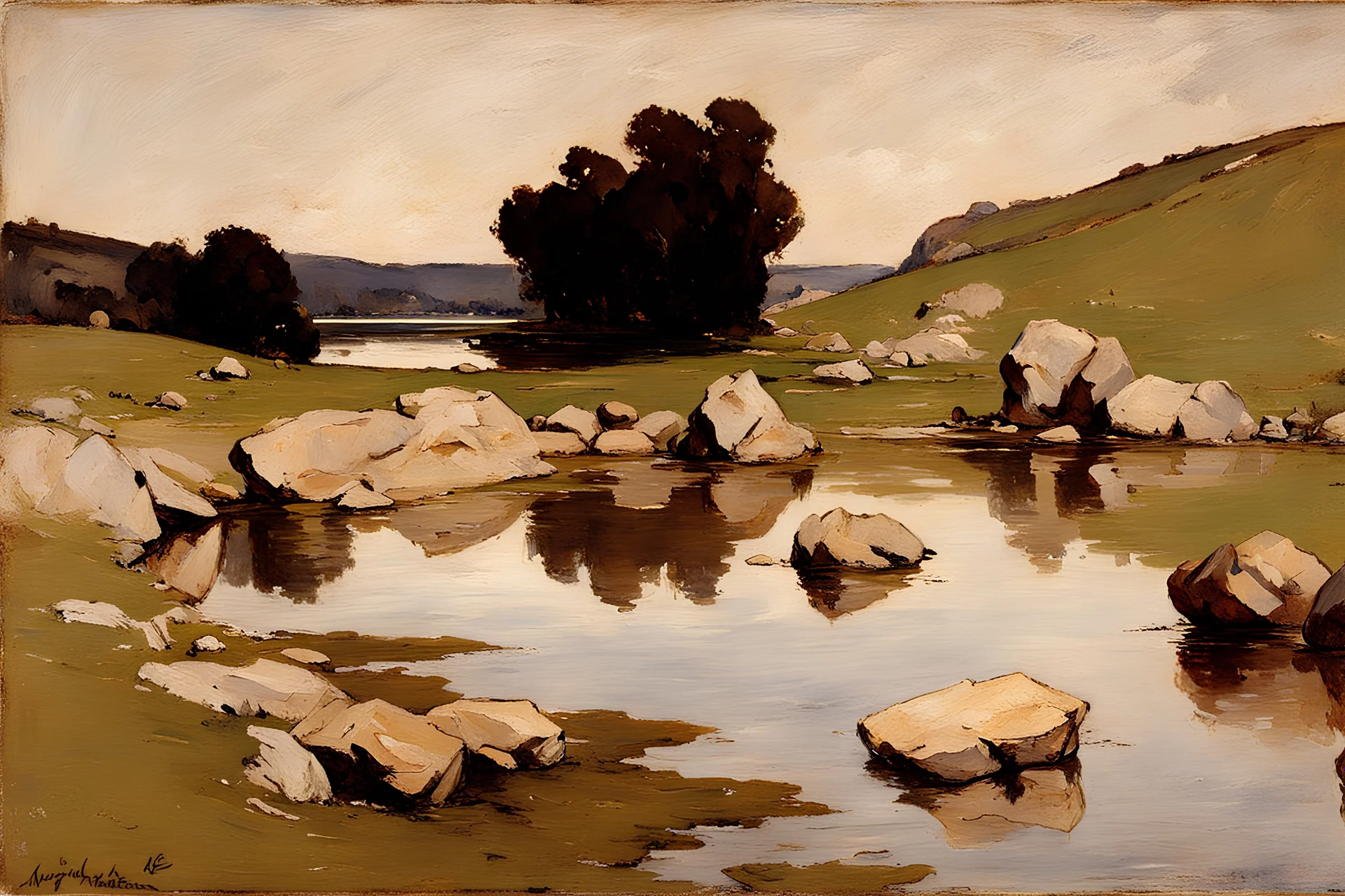 day, lake, rocks, begginer's landscape, george hendrick breitner impressionism paintings