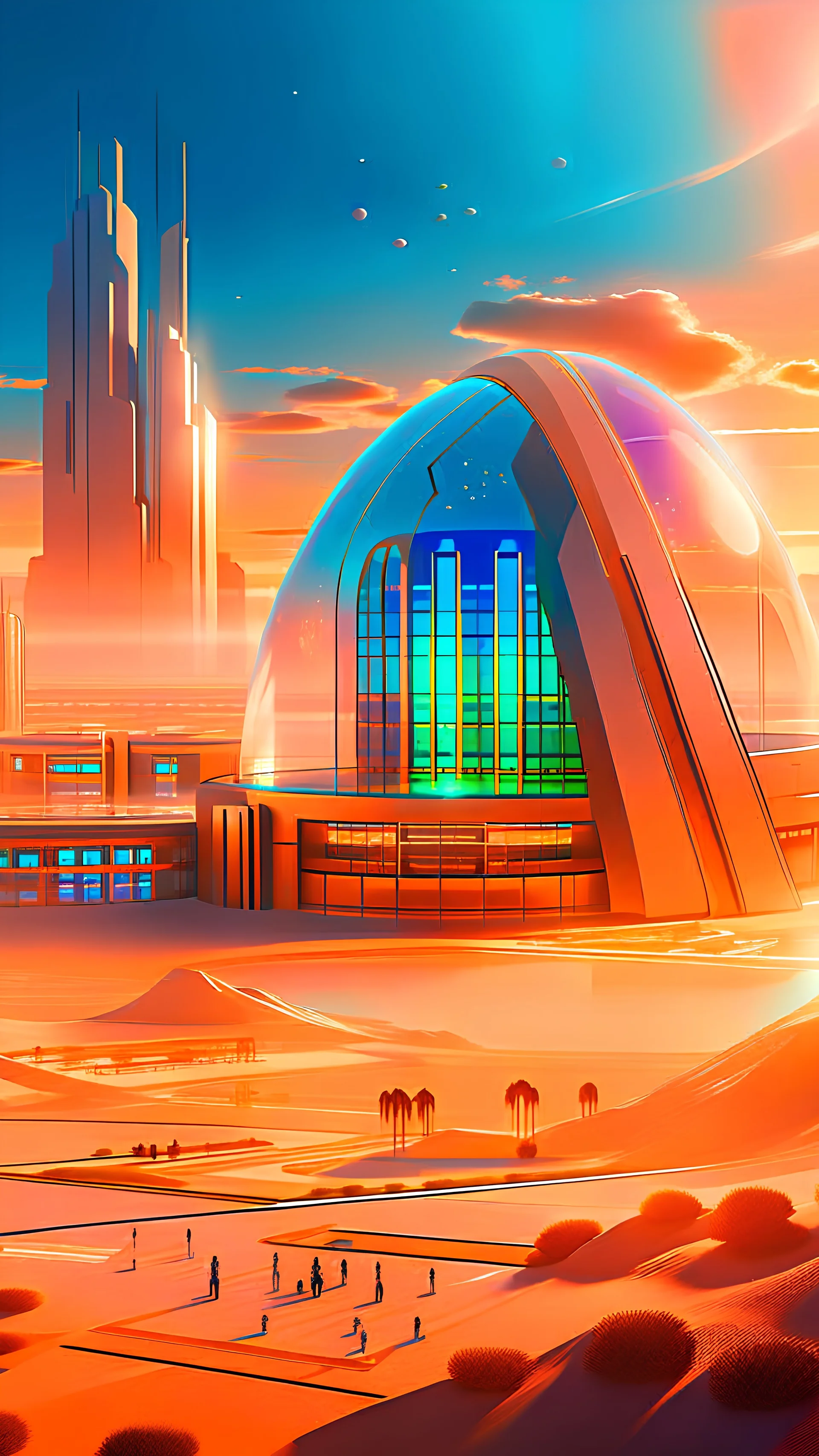 A dune landscape with a massive futuristic city covered by a greenhouse like structure in a distance.