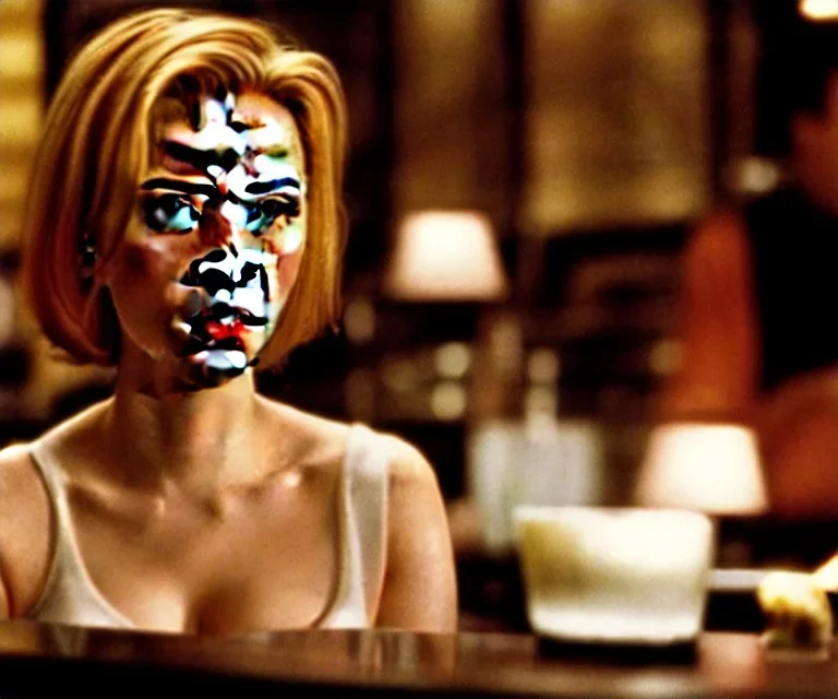 Scarlett Johansson in Lost in Translation, en la barra de un bar con la mirada perdida y fumando.