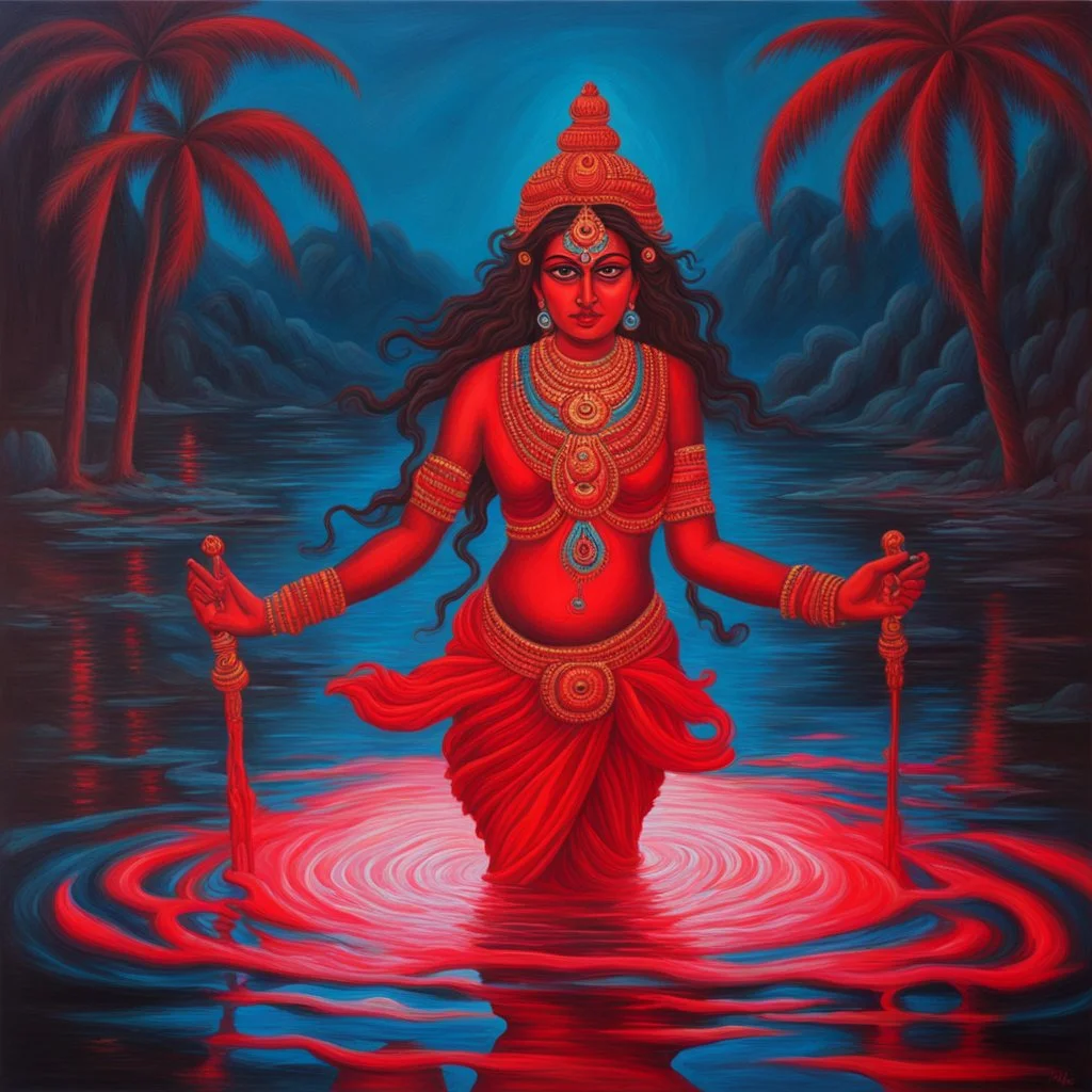 An oil painting of goddess Kali crossing a lake neon red colors