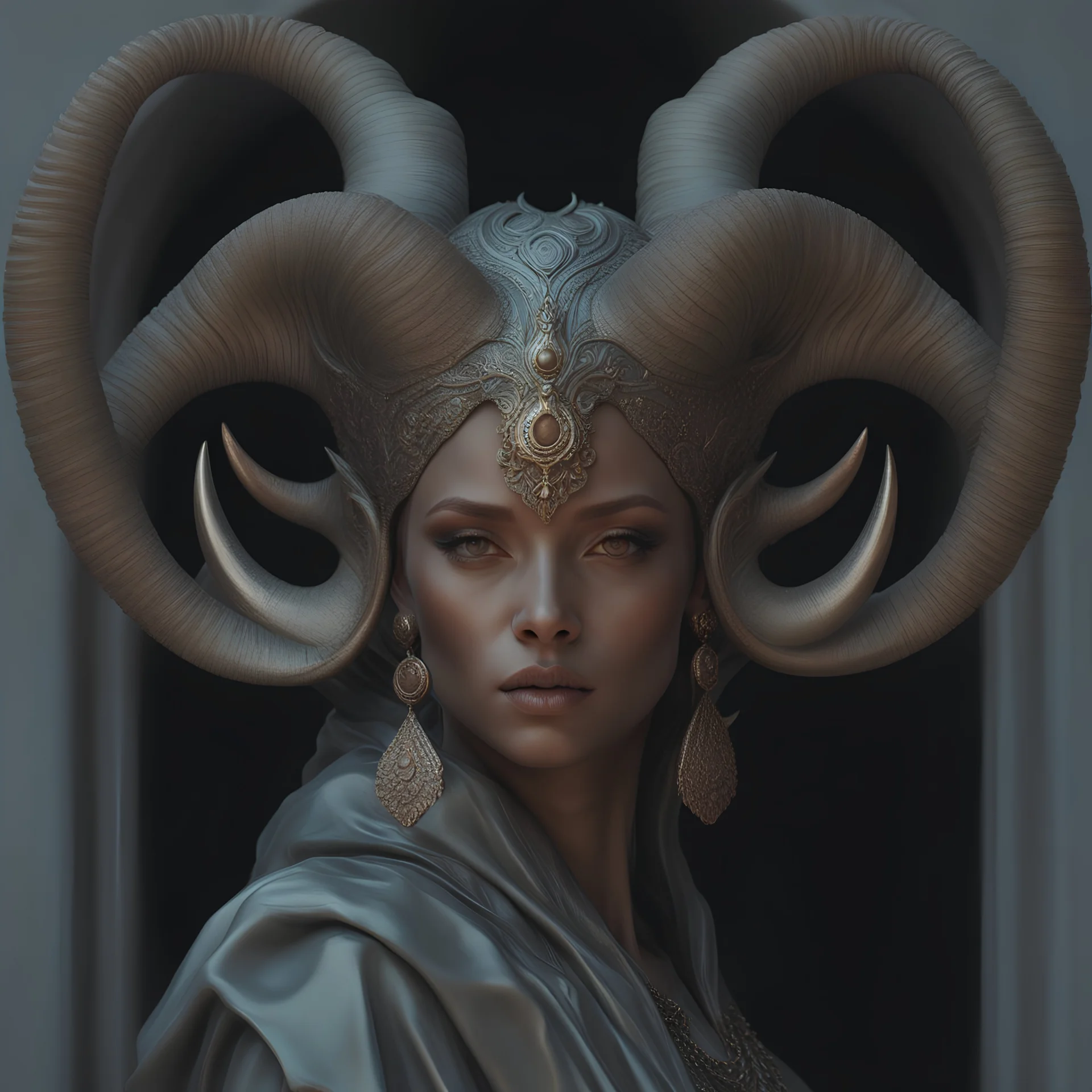 a statue of a woman with horns on her head, inspired by Karol Bak, zbrush central contest winner, figurative art, beeple. hyperrealism, portrait of an alien, ram horns, side profile artwork, trending on deviantarthq”, jessica rossier and brian froud, 3 d clay figure, realism | beeple, sculpture of a woman, shot with Sony Alpha a9 Il and Sony FE 200-600mm f/5.6-6.3 G OSS lens, natural light, hyper realistic photograph, ultra detailed -ar 3:2 -q 2 -s 750
