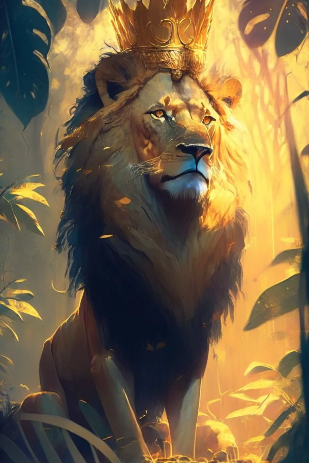 a lion with a crown, Regal, Majestic, Golden lighting, jungle background, Realistic, Detailed, Digital painting, art by alena aenami, Greg Rutkowski, alex konstad, trending on artstation.