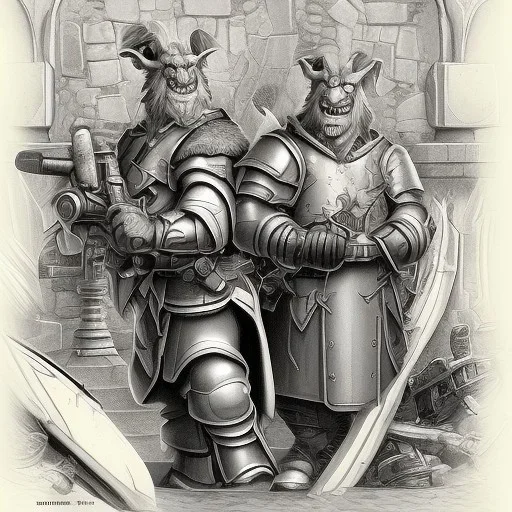 Two scheming orcs in the employ of a mercenary captain, whispering together as they plot to find a way to turn the tables and steal the loot for themselves