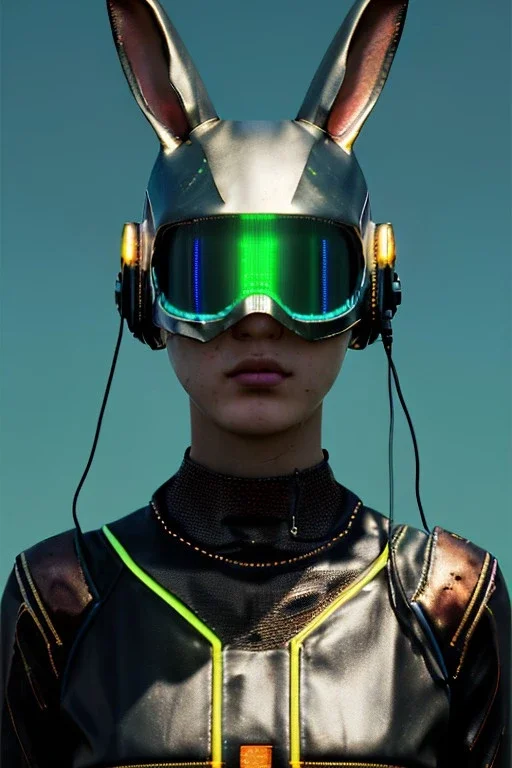 Medium Close Up Portrait, Front image. cyberpunk, rabbit mask, teenager, asian woman, cyber helmet head. Cotton dress. Yellow, black, color. Steampunk style. renaissance ornaments, Color background, photo studio. Front image, highly detailed, concept art, smooth, unreal engine 5, ray tracing, RTX, lumen lighting, ultra detail, volumetric lighting, 3d, finely drawn, high definition, high resolution.