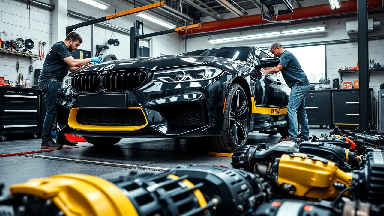 A car repair shop where two people are repairing a black and yellow BMW M6 series with an eye-catching theme in a sophisticated and special repair shop where at the bottom of the image a collection of car engine parts is arranged on the floor