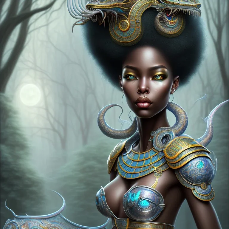 sango fantasy, fantasy magic, intricate, sharp focus, illustration, highly detailed, digital painting, concept art, matte, masterpiece head sexy view black African beauty black afro hair earth lady silver dragon head Egyptian princess