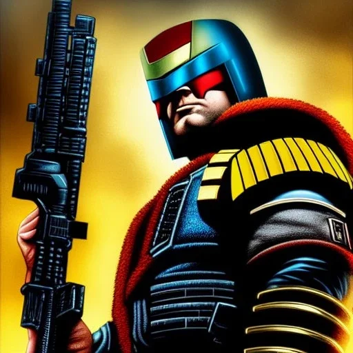 ultra detailed fullbody portrait of JUDGE DREDD (2000 AD) aiming Pistol, extremely detailed digital painting, intrincate, extremely detailed face,crystal clear Big eyes, in the style of Simon Bisley, mystical colors , perfectly centered image, perfect composition, rim light, beautiful lighting, 8k, stunning scene, raytracing