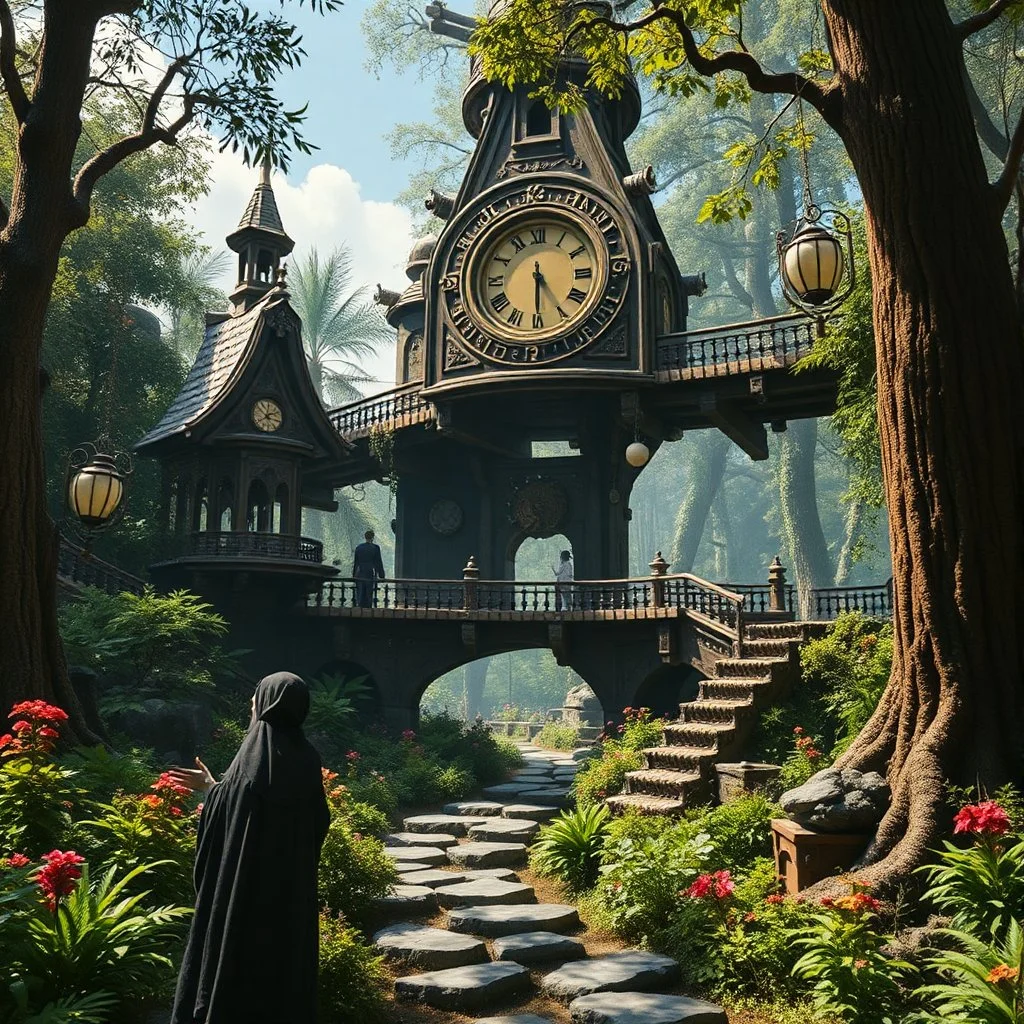 Scene from a modern fantasy movie featuring the "Garden of Practicality", the Clockwork Forest Realm of Ix Chel