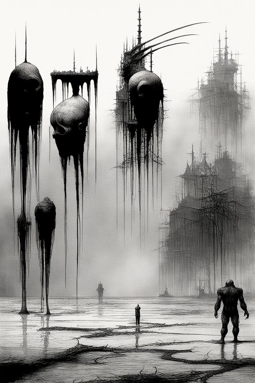 The full body of a fat man standing , decayed and rotting with grotesque proportions and imagery. surreal horror, biomechanical design, by hr giger and beksinski