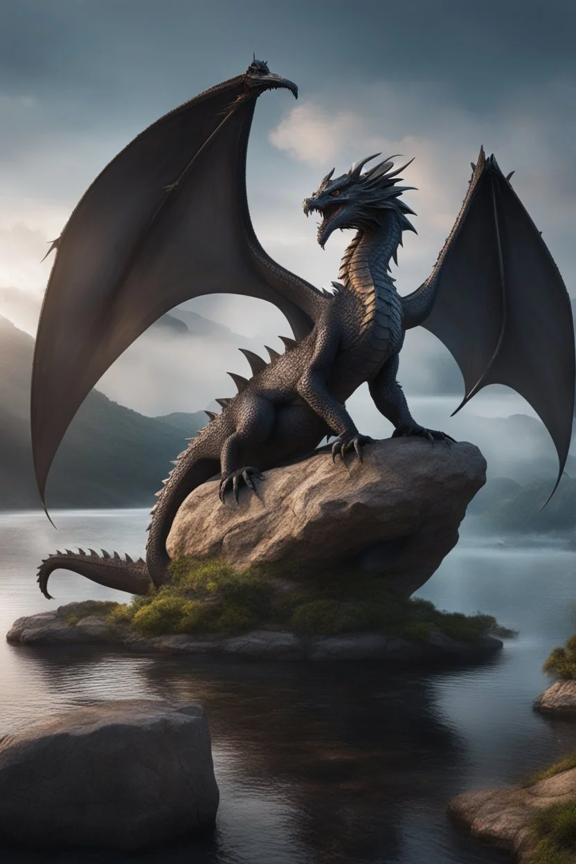 Ultra realistic photo of Dragon sitting on top of a rock next to a body of water concept ,full size, science, technology,future,electric ,futuristic style, design, practicality,manufacturability,performance, performance, HOF, professional photographer, captured with professional DSLR camera, trending on Artstation, 64k, full size, ultra detailed, ultra accurate detailed, bokeh lighting, surrealism, background,(((realism, realistic, realphoto, photography, portrait, , realistic, beautiful, elegan