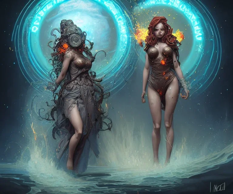 Four doll divine representing each one the four elements: Fire: Earth: Air: Water. Mark Brooks and Dan Mumford, comic book art, perfect, smooth elemental galactic space core. Detailed photograph, WLOP, Unreal Engine 5 volumetric lighting Insanely intricate face hair lashes hyper detailed painting by Ismail Inceoglu Huang Guangjian and Dan Witz Central fantasy art album cover art resolution HD