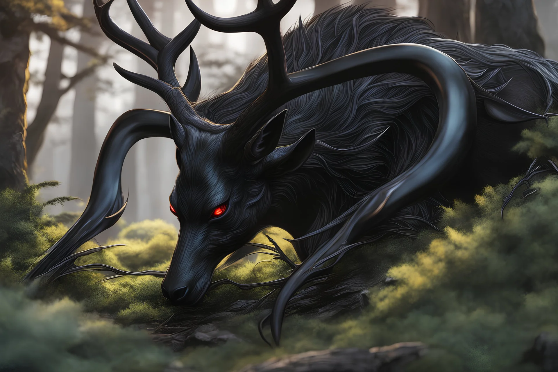Black Shadow symbiote in 8k realistic anime e drawing style, close picture, Deer them, neon color, antlers deer, intricate details, highly detailed, high details, detailed portrait, masterpiece,ultra detailed, ultra quality