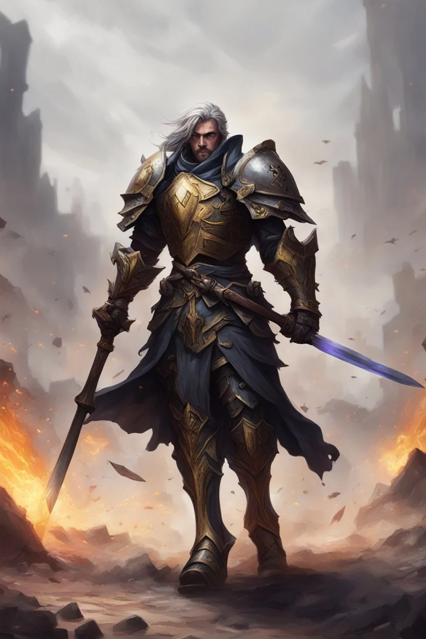 edgy paladin wielding greatswor walking down a battlefield