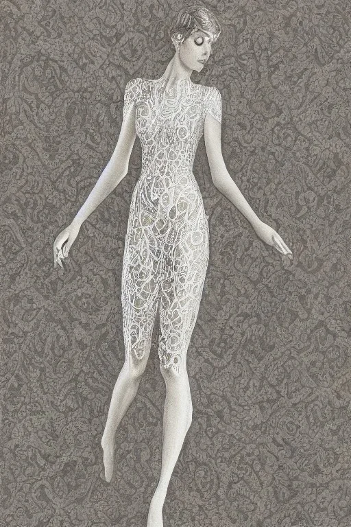 Full body portrait, painting, medium shot lady volumetric silver filigree