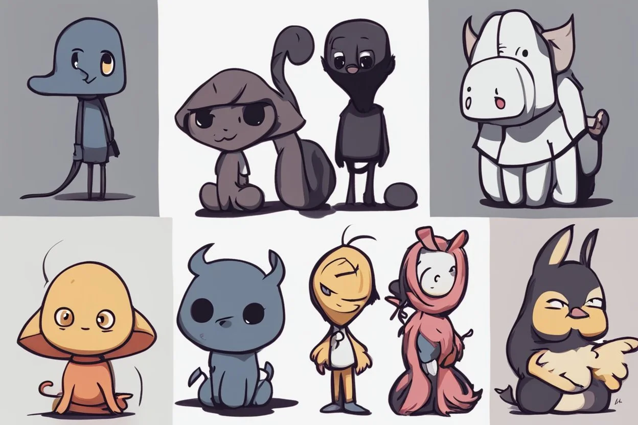 6 very simple and cute dark cartoon characters that I could draw