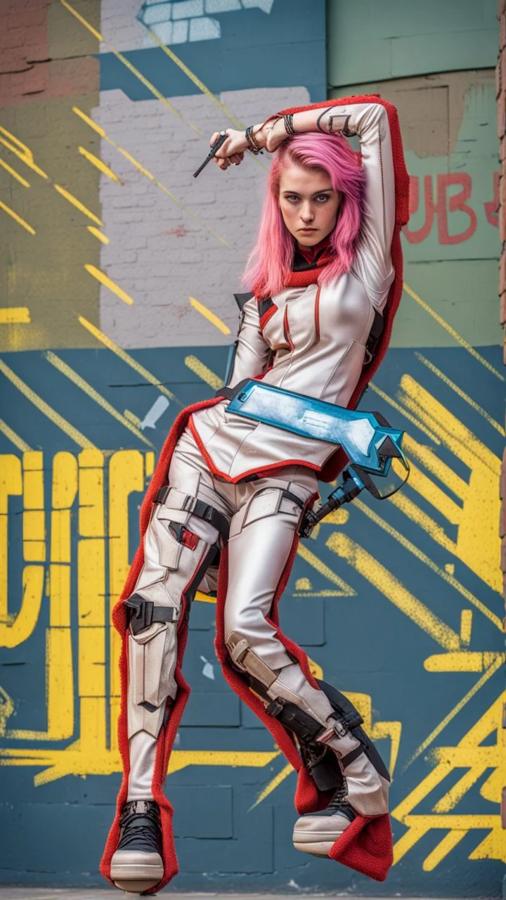 teen woman in retro-futurist cyberpunk costuming with pants and sheathed swords leaning to the side with shoulder against a brick pillar, add a background of brick with graffiti of a large arrow pointing to the right and text of the word "PUB" on lower left