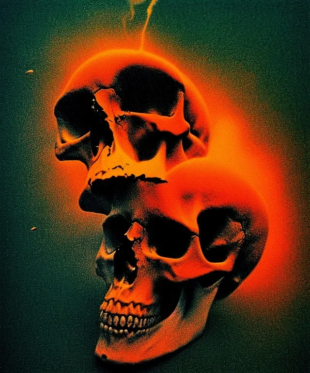 broken realistic skull. black background. smoke and explode. particles in air. teal and orange. abstract. beksinski.