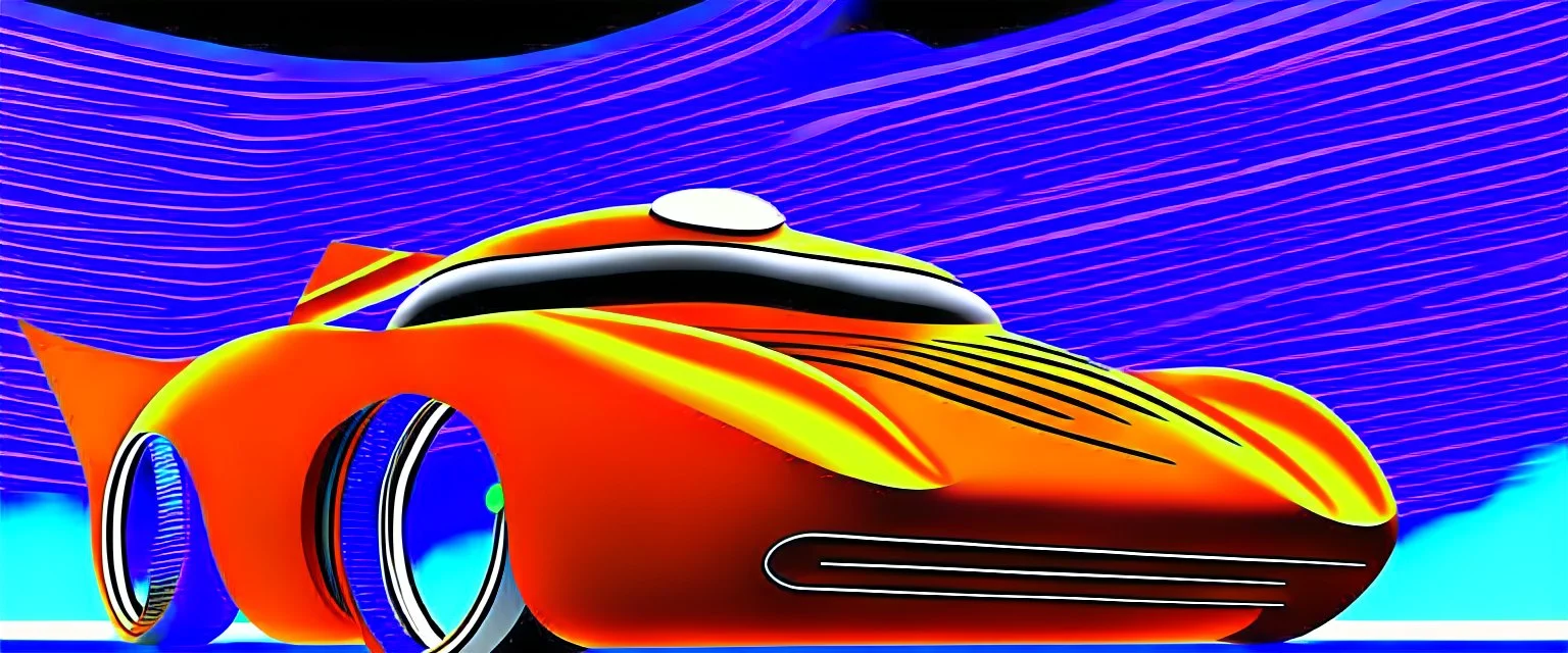 award winning car and driver photograph of a futuristic station wagon dirigible hybrid designed by only one vehicle per image painted metallic orange traveling at a high rate of speed, jet intake off of front center of vehicle and jet exhaust out the rear with bright blue flame, bilaterally symetrical, more a high speed road vehicle