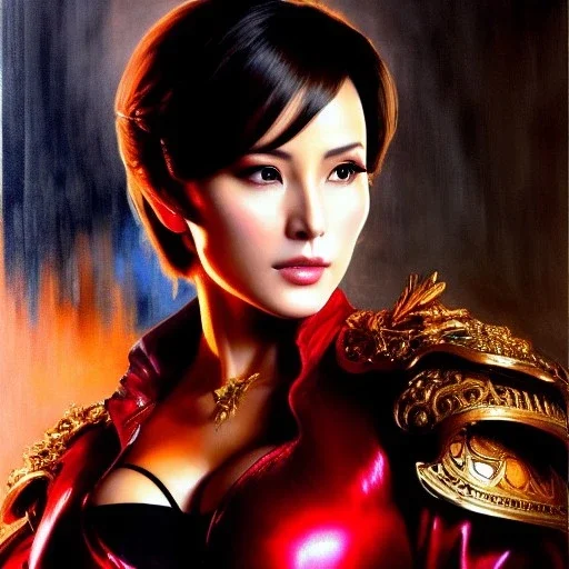 Drawing of beautiful face,'beautiful,Busty fit 'Ada Wong',intense stare, ancient skintight armor, balanciaga fashion clothe painting by gaston bussiere, greg rutkowski, yoji shinkawa, yoshitaka amano, tsutomu nihei, donato giancola, tim hildebrandt Oil on canvas, cinematic composition, extreme detail,fit full head inside picture,16k