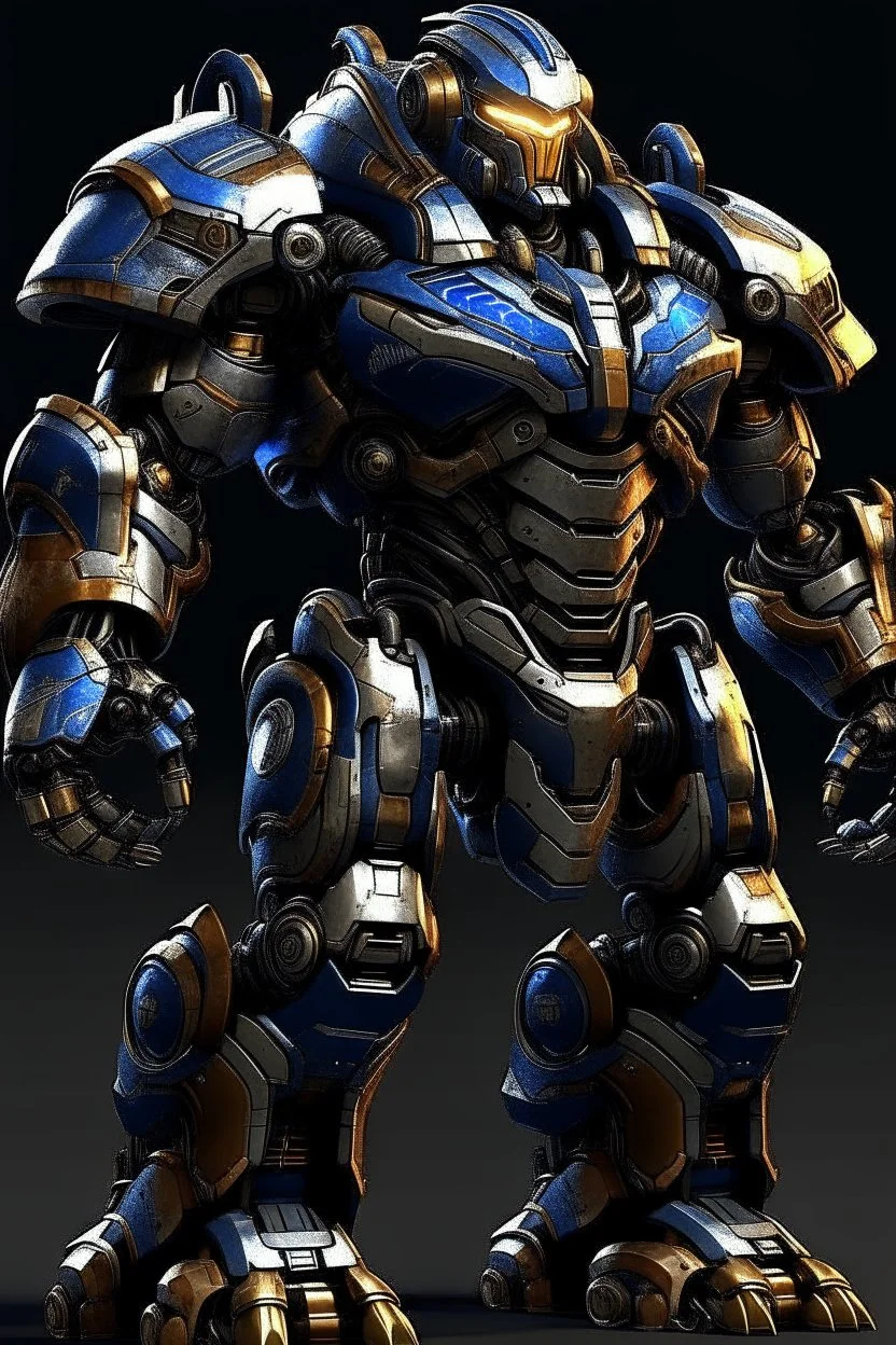 Ironclad stands at an imposing 8 feet tall and is heavily armored with a combination of sleek metallic plating and blue energy accents. His waist is snatched. His design is like Nullsector from Overwatch