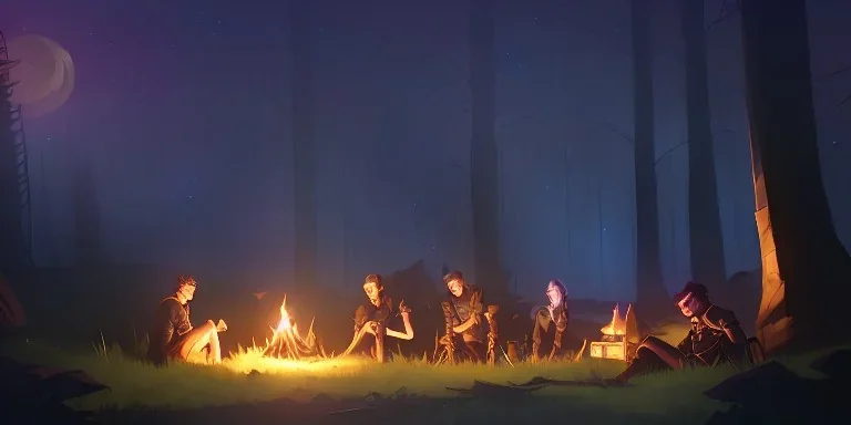 Adventurers resting around a campfire in a forest clearing at night, starry sky, dark fantasy, high detail, high definition, big adventuring bags, atmospheric