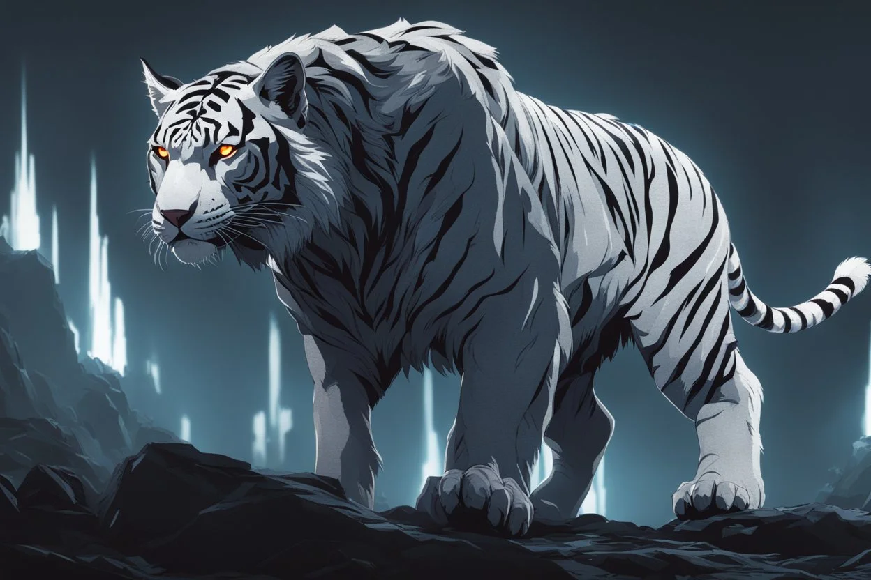 grendel in 8k solo leveling shadow artstyle, white tiger them, neon effect, full body, apocalypse, cover eyes, intricate details, highly detailed, high details, detailed portrait, masterpiece,ultra detailed, ultra quality