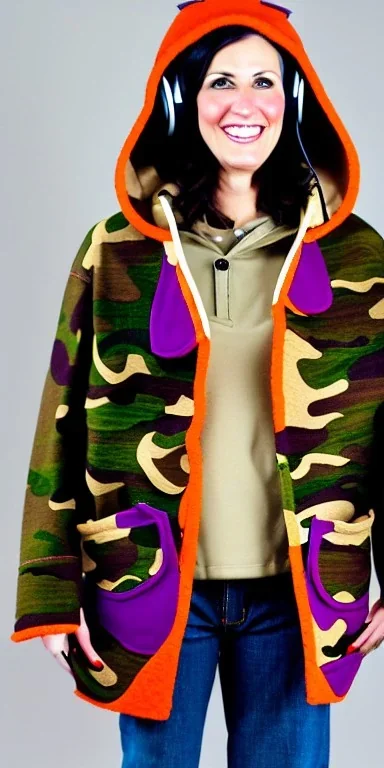 Brunette woman in her 30's. average body type, think thighs and thick calves. Mantle is sewed of recycled Denim and sewed together of camouflage pieces. Printed camouflage figures are orange,terracotta, cream and purple. It is with big bright purple felt tippet and cream-colored-hood. mantle is merged with satchel. . AKG-style headphones (gold rings!) is merged with small felt cap with small visor. Style: Haute Couture in 1936, Paris fashion in 2023, inspired by street art. Cream latex gaiter.