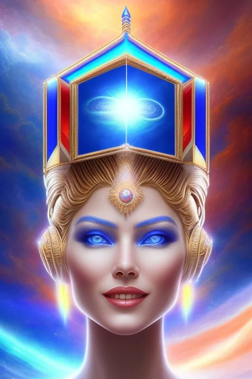 cosmic ufo from the future, one fine whole face, large cosmic forehead, crystalline skin, expressive blue eyes, blue hair, smiling lips, very nice smile, costume pleiadian, rainbow ufo