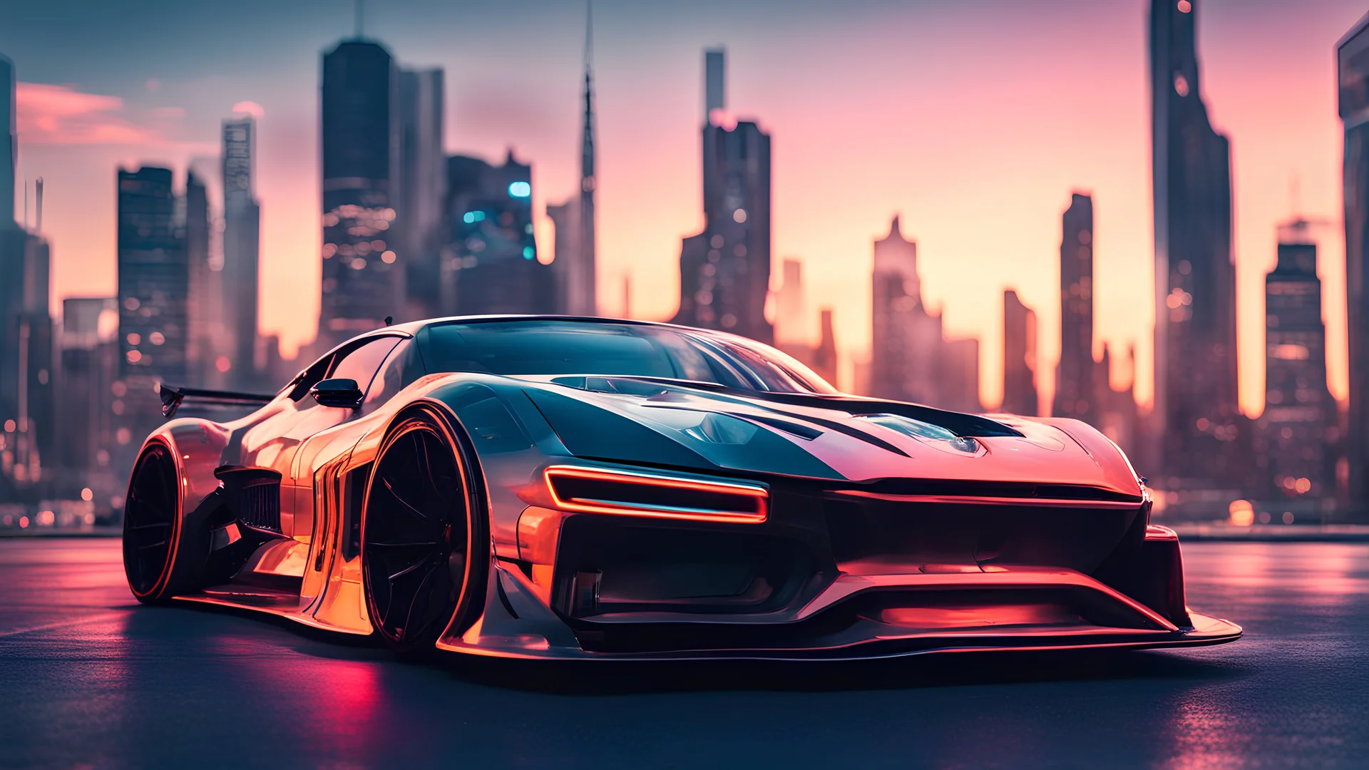 a concept future drift car in a big city , engraved body kit, neon skyscrapers in focus, sunset