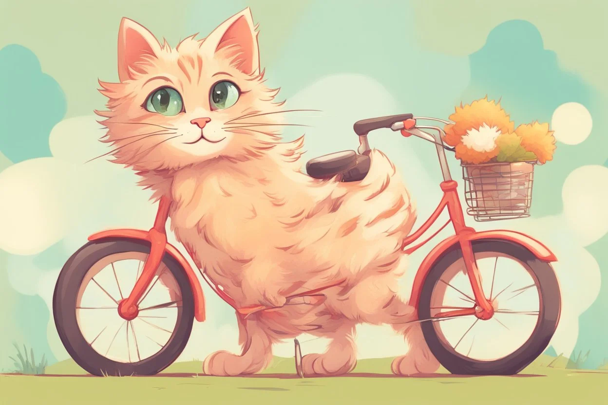 Fluffy tabby cat, adorable kitten, miniature bicycle, whimsical scene, playful concept, vibrant colors, detailed fur texture, charming expression, dynamic composition, cartoonish style, digital art, creative and imaginative, bright and lively palette, joyful atmosphere, skillful rendering, high resolution, skillful lighting to enhance cuteness.