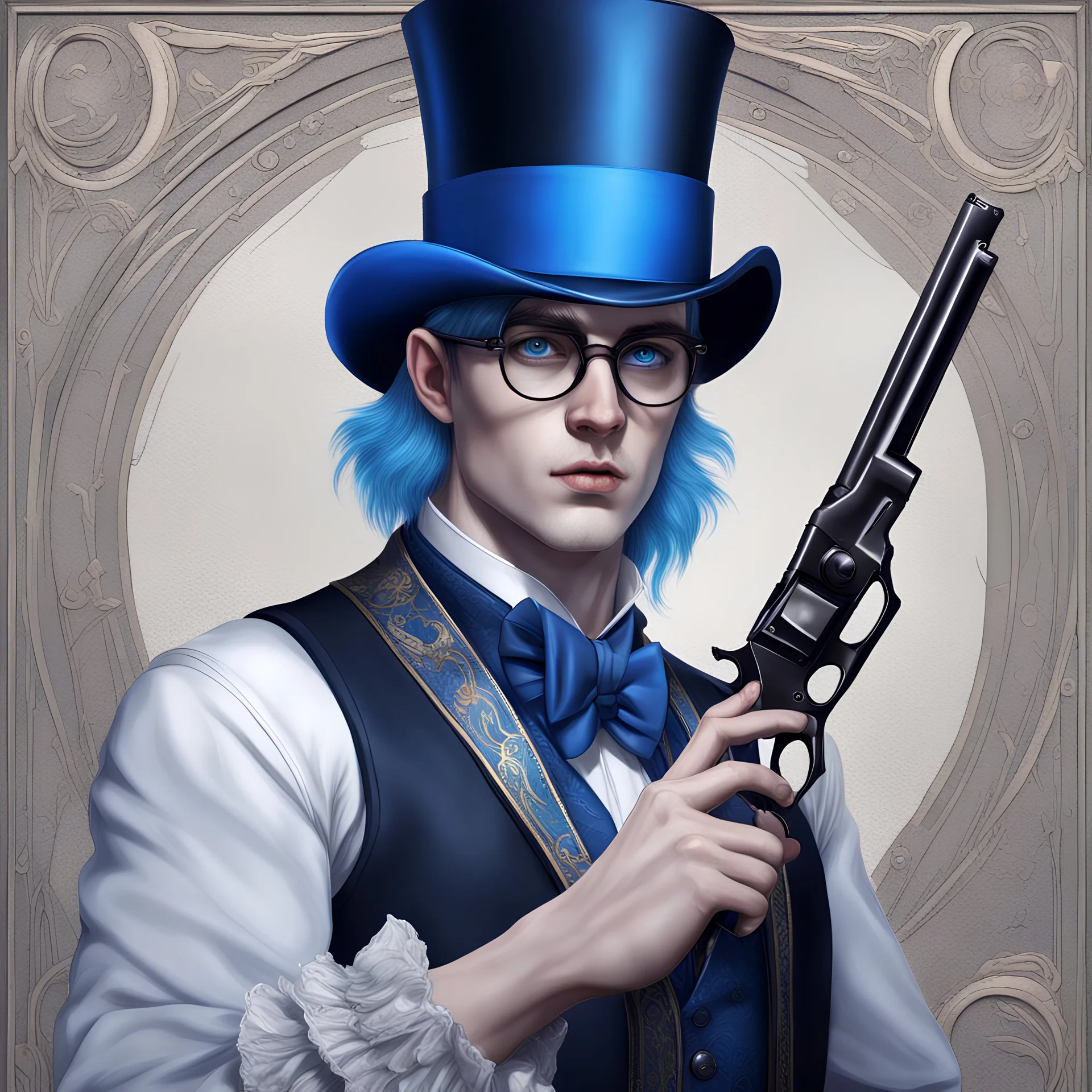 Hyper realistic human male with pale skin and wearing fantasy noble clothes, wearing a top hat with glasses. with blue hair and blue eyes, holding a revolver