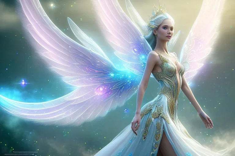  beautiful cosmic fairy, long hair, nice smiling, transparent wings, magic glamour make up, delicate colors, beautiful glamour galactique dress, ultra sharp focus, 8k, unreal engine 5, extremely sharp detail, light effect, soft light atmosphere of a spaceship, smooth, full of details, face in front, complete vision of face and hair and body